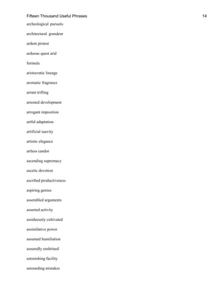 Fifteen Thousand Useful Phrases 14
archeological pursuits
architectural grandeur
ardent protest
arduous quest arid
formula
aristocratic lineage
aromatic fragrance
arrant trifling
arrested development
arrogant imposition
artful adaptation
artificial suavity
artistic elegance
artless candor
ascending supremacy
ascetic devotion
ascribed productiveness
aspiring genius
assembled arguments
asserted activity
assiduously cultivated
assimilative power
assumed humiliation
assuredly enshrined
astonishing facility
astounding mistakes
 