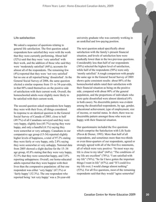 Fifteen Years Later: Home-Educated Canadian Adults, 2009Fifteen Years Later: Home-Educated Canadian Adults, 2009
20Canadian Centre for Home Education 2009
Life satisfaction
We asked a sequence of questions relating to
general life satisfaction. The first question asked
respondents how satisfied they were with the work
that they were currently performing. About half
(52%) said that they were ‘very satisfied’ with
their work, and the addition of those who said they
were ‘moderately satisfied’ (44%), accounts for
almost all of the respondents. The remaining few
(4%) reported that they were ‘not very satisfied’
but no one at all reported being ‘dissatisfied’. In the
General Social Survey of 2006, the same question
elicited a similar response from 15- to 34-year-olds,
in that 88% rated themselves on the positive side
of satisfaction with their current work. Overall, the
homeschooled adults were slightly more likely to
be satisfied with their current work.
The second question asked respondents how happy
they were with their lives, all things considered.
In response to an identical question in the General
Social Survey of Canada of 2003, close to half
(49.7%) of all Canadians surveyed said they were
very happy, slightly less (45.7%) saying they were
happy, and only a handful (4.1%) saying they
were somewhat or very unhappy. Canadians in our
comparative age group (15-34) reported slightly
higher levels of happiness, a total of 97.2% stating
they were fairly or very happy, only 2.8% saying
they were somewhat or very unhappy. National data
from 2005 showed a slight decline for the 15–34
age group, 43.8% stating that they were very happy,
52.5% that they were somewhat happy, and 3.8%
reporting unhappiness. Overall, our home-educated
adults reported that they were happier with their
lives than the comparative population: all but one
respondent was either ‘very happy’ (67.3%) or
‘fairly happy’ (32.3%). The one respondent who
reported being ‘not very happy’ was a 26-year-old
university graduate who was currently working in
an unskilled and low-paying position.
The next question asked specifically about
satisfaction with the family’s present financial
situation, and levels of satisfaction here were
markedly lower than in the two previous questions.
Considerably less than half of our respondents
(38%) selected the highest level of satisfaction,
while half of the respondents (50%) were only
‘mostly satisfied.’A rough comparison with people
the same age in the General Social Survey of 2005
shows quite consistent results: about 88% of the
homeschooled adults rated their satisfaction with
their financial situation as being on the positive
side, compared with about 80% of the general
population, and the proportions of individuals who
were quite dissatisfied were almost identical (4%
in both cases). No discernible pattern was evident
among the dissatisfied respondents, by age, gender,
educational achievement, type of employment, size
of income, or marital status. In short, there was no
discernible pattern amongst those who were not
happy with their financial situation.
Our questionnaire included the five questions
which comprise the Satisfaction with Life Scale
(Pavot & Diener, 1993). More than half of all
respondents, and sometimes more than two-thirds
or even three-quarters of our respondents, agreed or
strongly agreed with all of the first five statements,
all of which were very positive: “In most ways my
life is close to my ideal” (64%); “The conditions of
my life are excellent” (78%); “I am satisfied with
my life” (76%); “So far I have gotten the important
things I want in life” (67%); and “If I could live
my life over, I would change almost nothing”
(53%). For all five questions, most of the remaining
respondents said that they would “agree somewhat”
 
