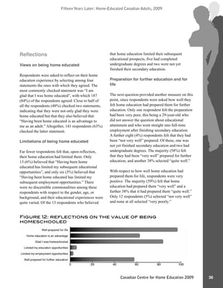 Fifteen Years Later: Home-Educated Canadian Adults, 2009Fifteen Years Later: Home-Educated Canadian Adults, 2009
36Canadian Centre for Home Education 2009
Reﬂections
Views on being home educated
Respondents were asked to reflect on their home
education experience by selecting among four
statements the ones with which they agreed. The
most commonly checked statement was “I am
glad that I was home educated”, with which 187
(84%) of the respondents agreed. Close to half of
all the respondents (48%) checked two statements,
indicating that they were not only glad they were
home educated but that they also believed that
“Having been home educated is an advantage to
me as an adult.” Altogether, 141 respondents (63%)
checked the latter statement.
Limitations of being home educated
Far fewer respondents felt that, upon reflection,
their home education had limited them. Only
13 (6%) believed that “Having been home
educated has limited my subsequent educational
opportunities”, and only six (3%) believed that
“Having been home educated has limited my
subsequent employment opportunities.” There
were no discernible commonalities among these
respondents with respect to the gender, age, or
background, and their educational experiences were
quite varied. Of the 13 respondents who believed
that home education limited their subsequent
educational prospects, five had completed
undergraduate degrees and two were not yet
finished their secondary education.
Preparation for further education and for
life
The next question provided another measure on this
point, since respondents were asked how well they
felt home education had prepared them for further
education. Only one respondent felt the preparation
had been very poor, this being a 29-year-old who
did not answer the question about educational
attainment and who went straight into full-time
employment after finishing secondary education.
A further eight (4%) respondents felt that they had
been “not very well” prepared. Of these, one was
not yet finished secondary education and two had
undergraduate degrees. The majority (58%) felt
that they had been “very well” prepared for further
education, and another 38% selected “quite well.”
With respect to how well home education had
prepared them for life, respondents were very
positive. The majority (59%) felt that home
education had prepared them “very well” and a
further 38% that it had prepared them “quite well.”
Only 12 respondents (5%) selected “not very well”
and none at all selected “very poorly.”
Figure 12: reﬂections on the value of being
homeschooled
 