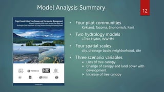 • Four pilot communities
Kirkland, Tacoma, Snohomish, Kent
• Two hydrology models
i-Tree Hydro, WWHM
• Four spatial scales
city, drainage basin, neighborhood, site
• Three scenario variables
 Loss of tree canopy
 Change of canopy and land cover with
development
 Increase of tree canopy
Model Analysis Summary 12
 