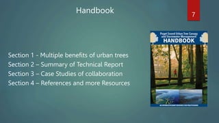 Section 1 - Multiple benefits of urban trees
Section 2 – Summary of Technical Report
Section 3 – Case Studies of collaboration
Section 4 – References and more Resources
Handbook 7
 
