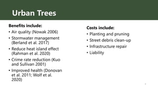Urban Trees
Costs include:
• Planting and pruning
• Street debris clean-up
• Infrastructure repair
• Liability
Benefits in...