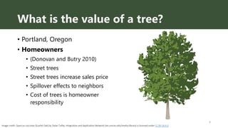 What is the value of a tree?
• Portland, Oregon
• Homeowners
• (Donovan and Butry 2010)
• Street trees
• Street trees incr...