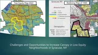 Challenges and Opportunities to Increase Canopy in Low Equity
Neighborhoods in Syracuse, NY
Tree Equity Map 2022 Redlining Map of 1940
 