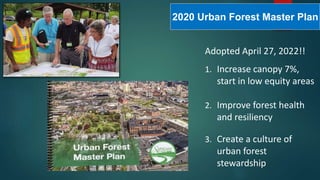 2020 Urban Forest Master Plan
Adopted April 27, 2022!!
1. Increase canopy 7%,
start in low equity areas
2. Improve forest health
and resiliency
3. Create a culture of
urban forest
stewardship
 