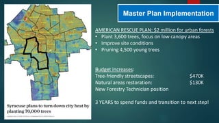 Master Plan Implementation
AMERICAN RESCUE PLAN: $2 million for urban forests
• Plant 3,600 trees, focus on low canopy areas
• Improve site conditions
• Pruning 4,500 young trees
Budget increases:
Tree-friendly streetscapes: $470K
Natural areas restoration: $130K
New Forestry Technician position
3 YEARS to spend funds and transition to next step!
 