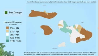 Credit: EarthDefine LLC, US Forest Service, National Oceanic and Atmospheric Administration, HI Division of Forestry
and Wildlife. 2021. Hawaii High Resolution 1m Tree Canopy Map [ESRI file geodatabase raster format], 2009-2020.
Hawai‘i Tree Canopy layer created by EarthDefine based on Maxar VIVID imagery and LiDAR data where available
Household Income
(U.S. Dollars)
25k - 57k
57k - 76k
76k - 92k
92k -110k
110k -162k
 