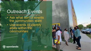 Outreach Events
54
• Ask what sort of events
the communities want
• Use events to identify
allies within the
communities
 