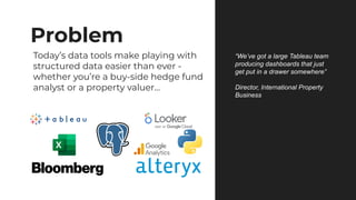Problem
Today’s data tools make playing with
structured data easier than ever -
whether you’re a buy-side hedge fund
analyst or a property valuer…
“We’ve got a large Tableau team
producing dashboards that just
get put in a drawer somewhere”
Director, International Property
Business
 