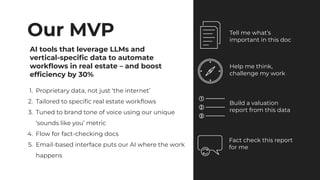 Our MVP
AI tools that leverage LLMs and
vertical-speciﬁc data to automate
workﬂows in real estate – and boost
efﬁciency by 30%
1. Proprietary data, not just ‘the internet’
2. Tailored to speciﬁc real estate workﬂows
3. Tuned to brand tone of voice using our unique
‘sounds like you’ metric
4. Flow for fact-checking docs
5. Email-based interface puts our AI where the work
happens
Tell me what’s
important in this doc
Help me think,
challenge my work
Build a valuation
report from this data
Fact check this report
for me
 