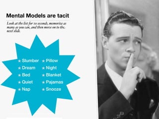 Mental Models are tacit
Look at the list for 10 seconds, memorize as
many as you can, and then move on to the
next slide.
...