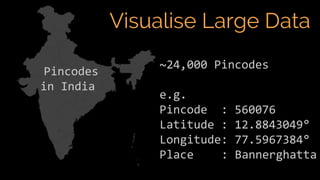 Visualise Large Data
~24,000 Pincodes
e.g.
Pincode : 560076
Latitude : 12.8843049°
Longitude: 77.5967384°
Place : Bannergh...