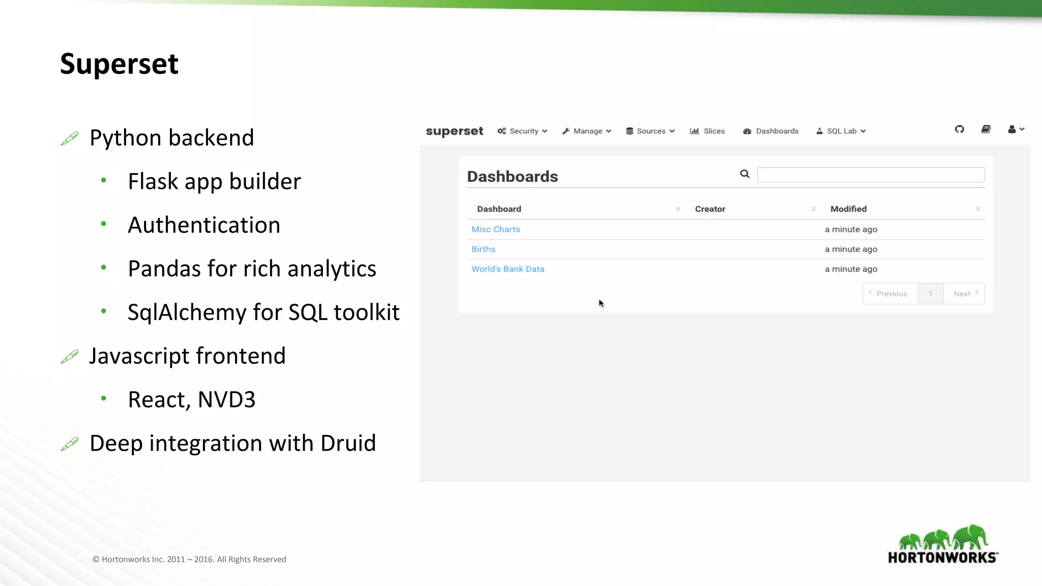 © Hortonworks Inc. 2011 – 2016. All Rights Reserved
Superset
 Python backend
 Flask app builder
 Authentication
 Pandas for rich analytics
 SqlAlchemy for SQL toolkit
 Javascript frontend
 React, NVD3
 Deep integration with Druid
 