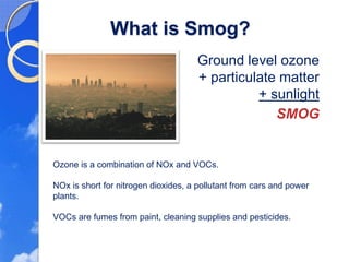 What is Smog?
                                     Ground level ozone
                                     + particulate matter
                                               + sunlight
                                                  SMOG


Ozone is a combination of NOx and VOCs.

NOx is short for nitrogen dioxides, a pollutant from cars and power
plants.

VOCs are fumes from paint, cleaning supplies and pesticides.
 