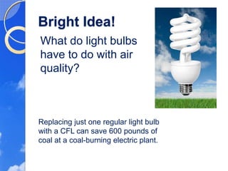 Bright Idea!
What do light bulbs
have to do with air
quality?



Replacing just one regular light bulb
with a CFL can save 600 pounds of
coal at a coal-burning electric plant.
 