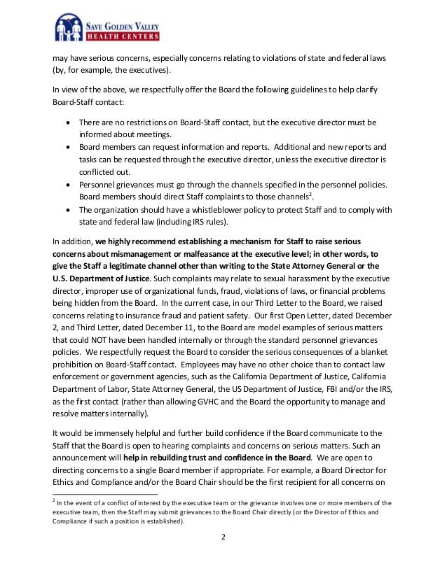 fifth letter to the board staff contact whistleblower policy and t letter of concerns