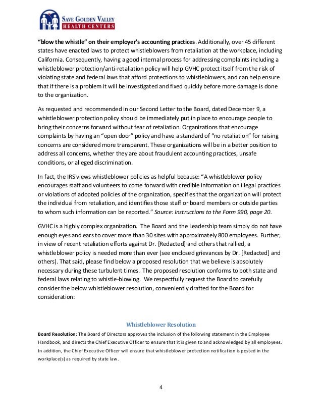 fifth letter to the board staff contact whistleblower policy and t letter of concerns