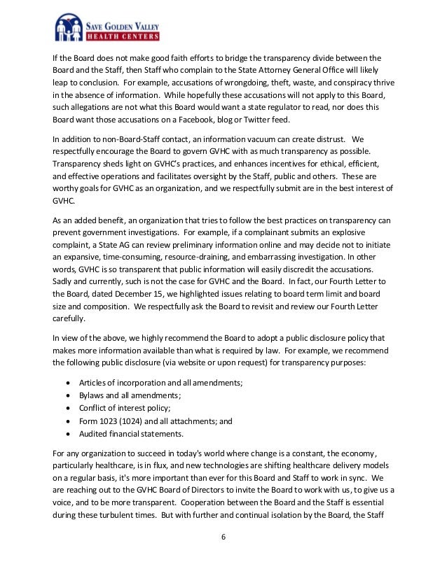 fifth letter to the board staff contact whistleblower policy and t good faith letter