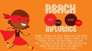 Remember, “influence” and “reach” inversely affect one another.
The greater the reach a person has, generally speaking, the less
influence they have. And then the opposite also holds
true….the smaller a person’s reach, the more influential they
seemingly are over those that they are connected to.
Let me explain using a real, life example…
 