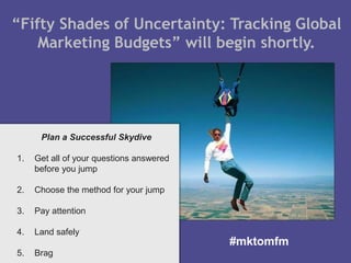 “Fifty Shades of Uncertainty: Tracking Global 
Marketing Budgets” will begin shortly. 
Plan a Successful Skydive 
1. Get all of your questions answered 
before you jump 
2. Choose the method for your jump 
3. Pay attention 
4. Land safely 
5. Brag 
© 2012 Marketo, Inc. Marketo Proprietary and Confidential #RevEngine 
#mktomfm 
 