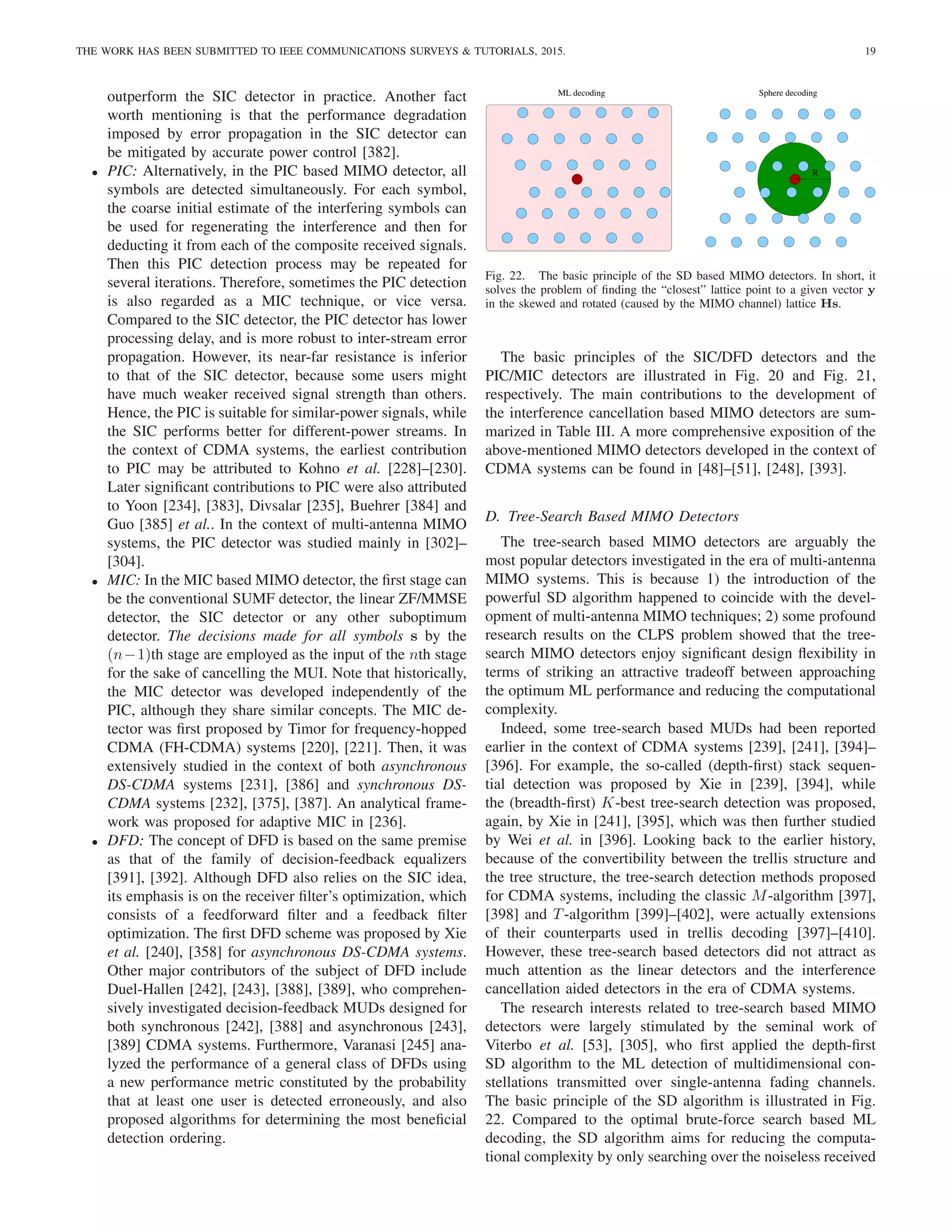 THE WORK HAS BEEN SUBMITTED TO IEEE COMMUNICATIONS SURVEYS  TUTORIALS, 2015. 19
outperform the SIC detector in practice. Another fact
worth mentioning is that the performance degradation
imposed by error propagation in the SIC detector can
be mitigated by accurate power control [382].
• PIC: Alternatively, in the PIC based MIMO detector, all
symbols are detected simultaneously. For each symbol,
the coarse initial estimate of the interfering symbols can
be used for regenerating the interference and then for
deducting it from each of the composite received signals.
Then this PIC detection process may be repeated for
several iterations. Therefore, sometimes the PIC detection
is also regarded as a MIC technique, or vice versa.
Compared to the SIC detector, the PIC detector has lower
processing delay, and is more robust to inter-stream error
propagation. However, its near-far resistance is inferior
to that of the SIC detector, because some users might
have much weaker received signal strength than others.
Hence, the PIC is suitable for similar-power signals, while
the SIC performs better for different-power streams. In
the context of CDMA systems, the earliest contribution
to PIC may be attributed to Kohno et al. [228]–[230].
Later significant contributions to PIC were also attributed
to Yoon [234], [383], Divsalar [235], Buehrer [384] and
Guo [385] et al.. In the context of multi-antenna MIMO
systems, the PIC detector was studied mainly in [302]–
[304].
• MIC: In the MIC based MIMO detector, the first stage can
be the conventional SUMF detector, the linear ZF/MMSE
detector, the SIC detector or any other suboptimum
detector. The decisions made for all symbols s by the
(n−1)th stage are employed as the input of the nth stage
for the sake of cancelling the MUI. Note that historically,
the MIC detector was developed independently of the
PIC, although they share similar concepts. The MIC de-
tector was first proposed by Timor for frequency-hopped
CDMA (FH-CDMA) systems [220], [221]. Then, it was
extensively studied in the context of both asynchronous
DS-CDMA systems [231], [386] and synchronous DS-
CDMA systems [232], [375], [387]. An analytical frame-
work was proposed for adaptive MIC in [236].
• DFD: The concept of DFD is based on the same premise
as that of the family of decision-feedback equalizers
[391], [392]. Although DFD also relies on the SIC idea,
its emphasis is on the receiver filter’s optimization, which
consists of a feedforward filter and a feedback filter
optimization. The first DFD scheme was proposed by Xie
et al. [240], [358] for asynchronous DS-CDMA systems.
Other major contributors of the subject of DFD include
Duel-Hallen [242], [243], [388], [389], who comprehen-
sively investigated decision-feedback MUDs designed for
both synchronous [242], [388] and asynchronous [243],
[389] CDMA systems. Furthermore, Varanasi [245] ana-
lyzed the performance of a general class of DFDs using
a new performance metric constituted by the probability
that at least one user is detected erroneously, and also
proposed algorithms for determining the most beneficial
detection ordering.
ML decoding Sphere decoding
R
Fig. 22. The basic principle of the SD based MIMO detectors. In short, it
solves the problem of finding the “closest” lattice point to a given vector y
in the skewed and rotated (caused by the MIMO channel) lattice Hs.
The basic principles of the SIC/DFD detectors and the
PIC/MIC detectors are illustrated in Fig. 20 and Fig. 21,
respectively. The main contributions to the development of
the interference cancellation based MIMO detectors are sum-
marized in Table III. A more comprehensive exposition of the
above-mentioned MIMO detectors developed in the context of
CDMA systems can be found in [48]–[51], [248], [393].
D. Tree-Search Based MIMO Detectors
The tree-search based MIMO detectors are arguably the
most popular detectors investigated in the era of multi-antenna
MIMO systems. This is because 1) the introduction of the
powerful SD algorithm happened to coincide with the devel-
opment of multi-antenna MIMO techniques; 2) some profound
research results on the CLPS problem showed that the tree-
search MIMO detectors enjoy significant design flexibility in
terms of striking an attractive tradeoff between approaching
the optimum ML performance and reducing the computational
complexity.
Indeed, some tree-search based MUDs had been reported
earlier in the context of CDMA systems [239], [241], [394]–
[396]. For example, the so-called (depth-first) stack sequen-
tial detection was proposed by Xie in [239], [394], while
the (breadth-first) K-best tree-search detection was proposed,
again, by Xie in [241], [395], which was then further studied
by Wei et al. in [396]. Looking back to the earlier history,
because of the convertibility between the trellis structure and
the tree structure, the tree-search detection methods proposed
for CDMA systems, including the classic M-algorithm [397],
[398] and T-algorithm [399]–[402], were actually extensions
of their counterparts used in trellis decoding [397]–[410].
However, these tree-search based detectors did not attract as
much attention as the linear detectors and the interference
cancellation aided detectors in the era of CDMA systems.
The research interests related to tree-search based MIMO
detectors were largely stimulated by the seminal work of
Viterbo et al. [53], [305], who first applied the depth-first
SD algorithm to the ML detection of multidimensional con-
stellations transmitted over single-antenna fading channels.
The basic principle of the SD algorithm is illustrated in Fig.
22. Compared to the optimal brute-force search based ML
decoding, the SD algorithm aims for reducing the computa-
tional complexity by only searching over the noiseless received
 