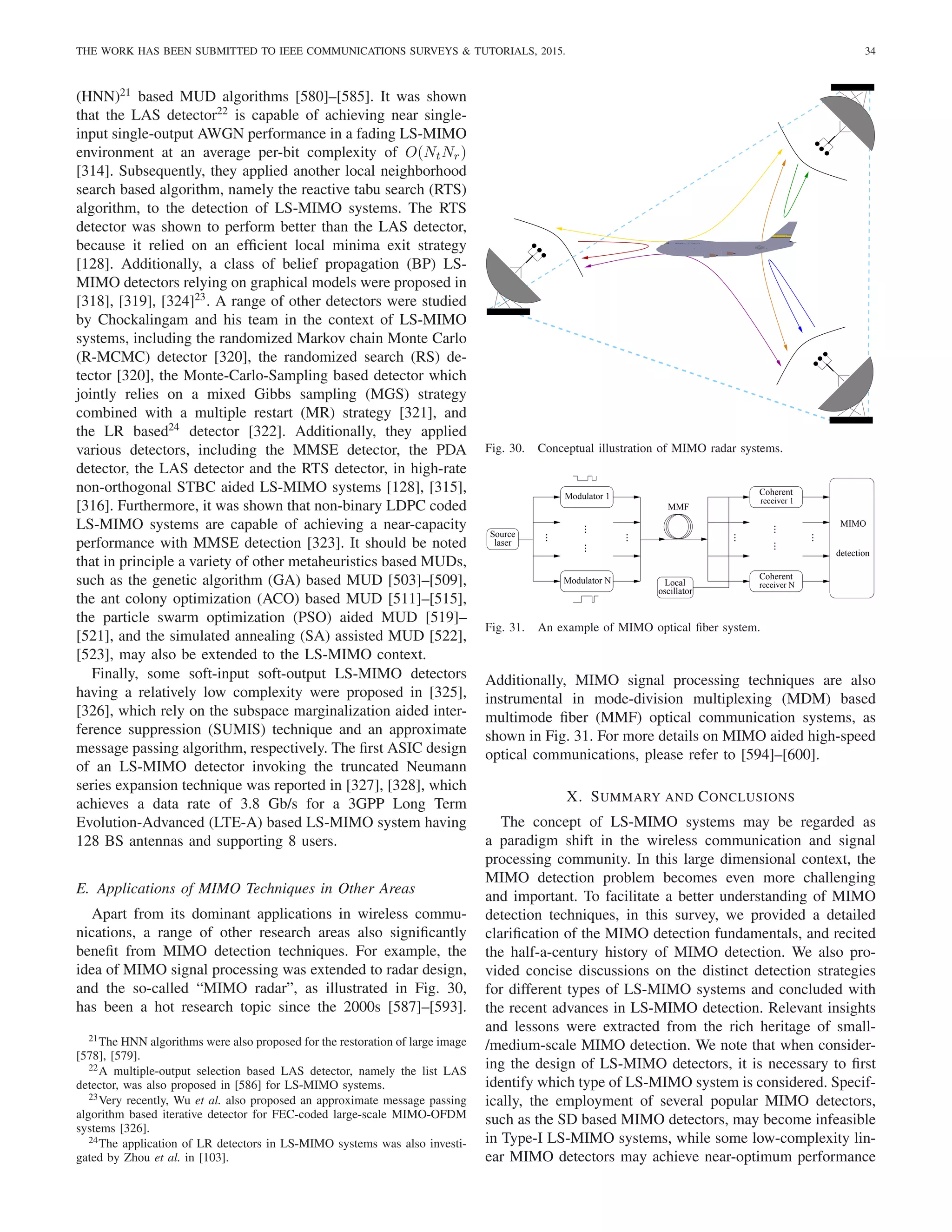 THE WORK HAS BEEN SUBMITTED TO IEEE COMMUNICATIONS SURVEYS  TUTORIALS, 2015. 34
(HNN)21
based MUD algorithms [580]–[585]. It was shown
that the LAS detector22
is capable of achieving near single-
input single-output AWGN performance in a fading LS-MIMO
environment at an average per-bit complexity of O(NtNr)
[314]. Subsequently, they applied another local neighborhood
search based algorithm, namely the reactive tabu search (RTS)
algorithm, to the detection of LS-MIMO systems. The RTS
detector was shown to perform better than the LAS detector,
because it relied on an efficient local minima exit strategy
[128]. Additionally, a class of belief propagation (BP) LS-
MIMO detectors relying on graphical models were proposed in
[318], [319], [324]23
. A range of other detectors were studied
by Chockalingam and his team in the context of LS-MIMO
systems, including the randomized Markov chain Monte Carlo
(R-MCMC) detector [320], the randomized search (RS) de-
tector [320], the Monte-Carlo-Sampling based detector which
jointly relies on a mixed Gibbs sampling (MGS) strategy
combined with a multiple restart (MR) strategy [321], and
the LR based24
detector [322]. Additionally, they applied
various detectors, including the MMSE detector, the PDA
detector, the LAS detector and the RTS detector, in high-rate
non-orthogonal STBC aided LS-MIMO systems [128], [315],
[316]. Furthermore, it was shown that non-binary LDPC coded
LS-MIMO systems are capable of achieving a near-capacity
performance with MMSE detection [323]. It should be noted
that in principle a variety of other metaheuristics based MUDs,
such as the genetic algorithm (GA) based MUD [503]–[509],
the ant colony optimization (ACO) based MUD [511]–[515],
the particle swarm optimization (PSO) aided MUD [519]–
[521], and the simulated annealing (SA) assisted MUD [522],
[523], may also be extended to the LS-MIMO context.
Finally, some soft-input soft-output LS-MIMO detectors
having a relatively low complexity were proposed in [325],
[326], which rely on the subspace marginalization aided inter-
ference suppression (SUMIS) technique and an approximate
message passing algorithm, respectively. The first ASIC design
of an LS-MIMO detector invoking the truncated Neumann
series expansion technique was reported in [327], [328], which
achieves a data rate of 3.8 Gb/s for a 3GPP Long Term
Evolution-Advanced (LTE-A) based LS-MIMO system having
128 BS antennas and supporting 8 users.
E. Applications of MIMO Techniques in Other Areas
Apart from its dominant applications in wireless commu-
nications, a range of other research areas also significantly
benefit from MIMO detection techniques. For example, the
idea of MIMO signal processing was extended to radar design,
and the so-called “MIMO radar”, as illustrated in Fig. 30,
has been a hot research topic since the 2000s [587]–[593].
21The HNN algorithms were also proposed for the restoration of large image
[578], [579].
22A multiple-output selection based LAS detector, namely the list LAS
detector, was also proposed in [586] for LS-MIMO systems.
23Very recently, Wu et al. also proposed an approximate message passing
algorithm based iterative detector for FEC-coded large-scale MIMO-OFDM
systems [326].
24The application of LR detectors in LS-MIMO systems was also investi-
gated by Zhou et al. in [103].
U.S. AIR FORCE
602
AMC
40602
Fig. 30. Conceptual illustration of MIMO radar systems.
Modulator 1
Coherent
receiver N
laser
Modulator N
Coherent
receiver 1
MIMO
detection
oscillator
MMF
Source
Local
.
.
.
.
.
.
.
.
.
.
.
. .
.
.
.
.
.
.
.
.
.
.
.
Fig. 31. An example of MIMO optical fiber system.
Additionally, MIMO signal processing techniques are also
instrumental in mode-division multiplexing (MDM) based
multimode fiber (MMF) optical communication systems, as
shown in Fig. 31. For more details on MIMO aided high-speed
optical communications, please refer to [594]–[600].
X. SUMMARY AND CONCLUSIONS
The concept of LS-MIMO systems may be regarded as
a paradigm shift in the wireless communication and signal
processing community. In this large dimensional context, the
MIMO detection problem becomes even more challenging
and important. To facilitate a better understanding of MIMO
detection techniques, in this survey, we provided a detailed
clarification of the MIMO detection fundamentals, and recited
the half-a-century history of MIMO detection. We also pro-
vided concise discussions on the distinct detection strategies
for different types of LS-MIMO systems and concluded with
the recent advances in LS-MIMO detection. Relevant insights
and lessons were extracted from the rich heritage of small-
/medium-scale MIMO detection. We note that when consider-
ing the design of LS-MIMO detectors, it is necessary to first
identify which type of LS-MIMO system is considered. Specif-
ically, the employment of several popular MIMO detectors,
such as the SD based MIMO detectors, may become infeasible
in Type-I LS-MIMO systems, while some low-complexity lin-
ear MIMO detectors may achieve near-optimum performance
 