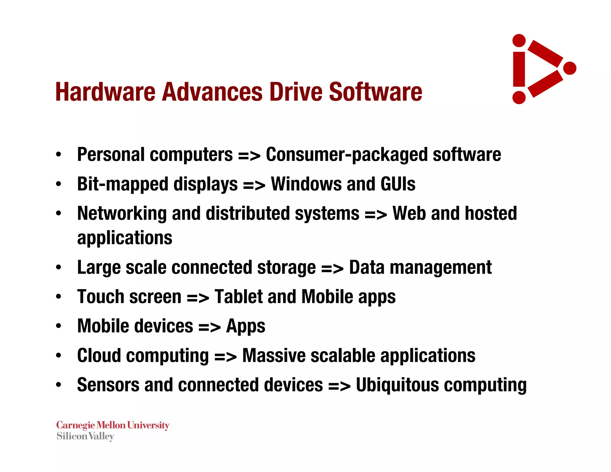 Hardware Advances Drive Software
• Personal computers => Consumer-packaged software
• Bit-mapped displays => Windows and GUIs
• Networking and distributed systems => Web and hosted
applications
• Large scale connected storage => Data management
• Touch screen => Tablet and Mobile apps
• Mobile devices => Apps
• Cloud computing => Massive scalable applications
• Sensors and connected devices => Ubiquitous computing
 