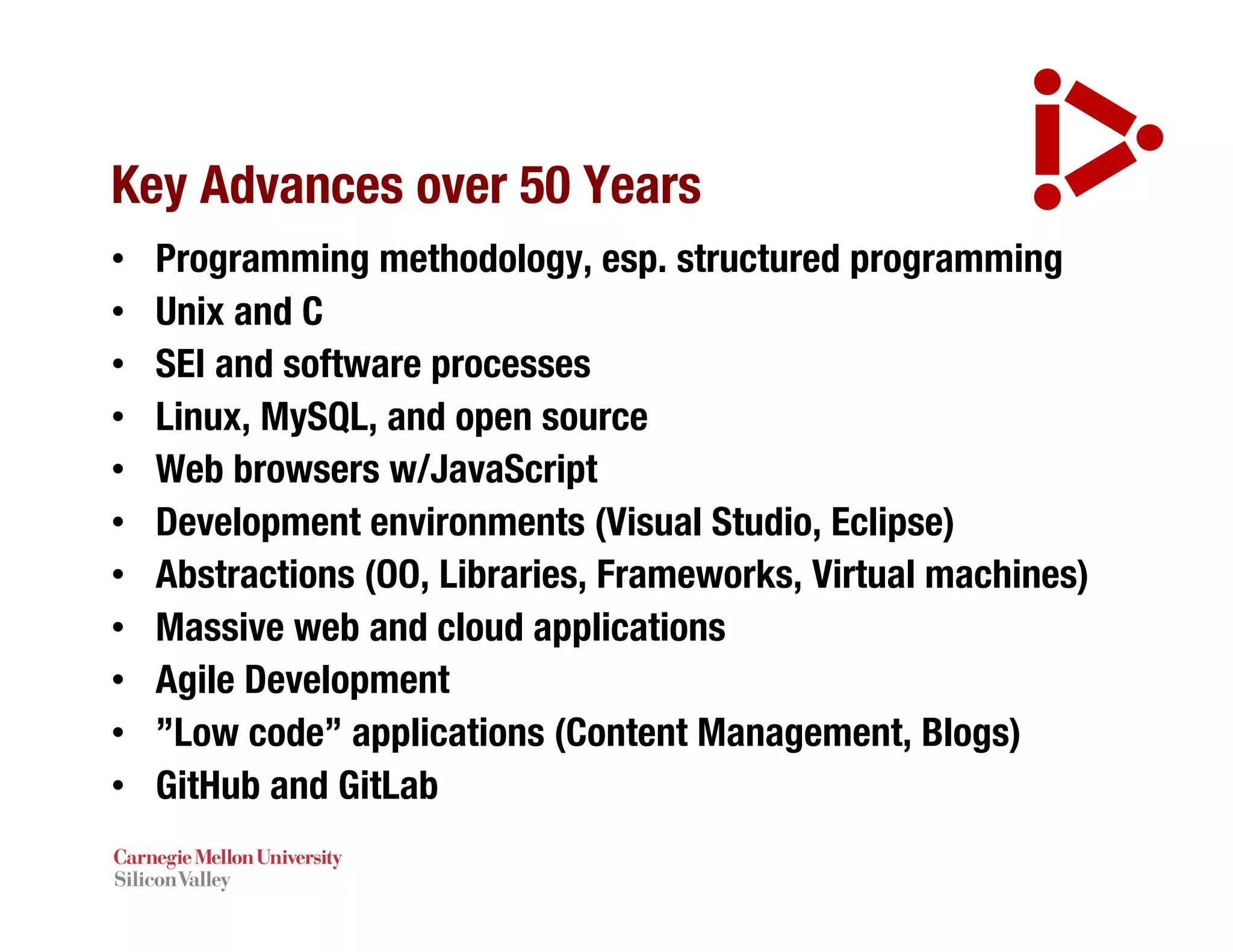Key Advances over 50 Years
• Programming methodology, esp. structured programming
• Unix and C
• SEI and software processes
• Linux, MySQL, and open source
• Web browsers w/JavaScript
• Development environments (Visual Studio, Eclipse)
• Abstractions (OO, Libraries, Frameworks, Virtual machines)
• Massive web and cloud applications
• Agile Development
• ”Low code” applications (Content Management, Blogs)
• GitHub and GitLab
 
