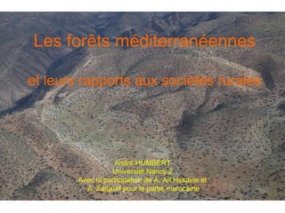 Les forêts méditerranéennes et leurs rapports aux sociétés rurales André HUMBERT Université Nancy 2 Avec la participation de A. Aït Hssaine et A. Zarguef pour la partie marocaine 