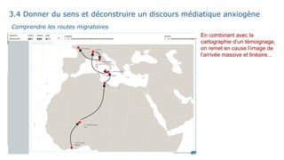 Comprendre les routes migratoires
En combinant avec la
cartographie d’un témoignage,
on remet en cause l’image de
l’arrivée massive et linéaire...
3.4 Donner du sens et déconstruire un discours médiatique anxiogène
 
