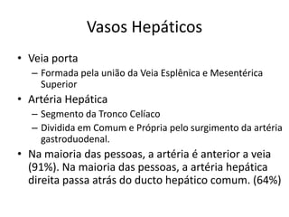 Vasos Hepáticos
• Veia porta
  – Formada pela união da Veia Esplênica e Mesentérica
    Superior
• Artéria Hepática
  – Segmento da Tronco Celíaco
  – Dividida em Comum e Própria pelo surgimento da artéria
    gastroduodenal.
• Na maioria das pessoas, a artéria é anterior a veia
  (91%). Na maioria das pessoas, a artéria hepática
  direita passa atrás do ducto hepático comum. (64%)
 
