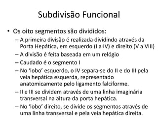 Subdivisão Funcional
• Os oito segmentos são divididos:
  – A primeira divisão é realizada dividindo através da
    Porta Hepática, em esquerdo (I a IV) e direito (V a VIII)
  – A divisão é feita baseada em um relógio
  – Caudado é o segmento I
  – No ‘lobo’ esquerdo, o IV separa-se do II e do III pela
    veia hepática esquerda, representado
    anatomicamente pelo ligamento falciforme.
  – II e III se dividem através de uma linha imaginária
    transversal na altura da porta hepática.
  – No ‘lobo’ direito, se divide os segmentos através de
    uma linha transversal e pela veia hepática direita.
 
