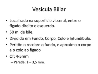 Vesicula Biliar
• Localizado na superficie visceral, entre o
  fígado direito e esquerdo.
• 50 ml de bile.
• Dividido em Fundo, Corpo, Colo e Infundíbulo.
• Peritônio recobre o fundo, e aproxima o corpo
  e o colo ao fígado
• CT: 4-5mm
  – Parede: 1 – 3,5 mm.
 