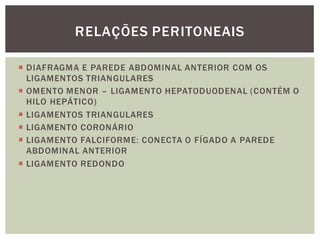  DIAFRAGMA E PAREDE ABDOMINAL ANTERIOR COM OS
LIGAMENTOS TRIANGULARES
 OMENTO MENOR – LIGAMENTO HEPATODUODENAL (CONTÉM O
HILO HEPÁTICO)
 LIGAMENTOS TRIANGULARES
 LIGAMENTO CORONÁRIO
 LIGAMENTO FALCIFORME: CONECTA O FÍGADO A PAREDE
ABDOMINAL ANTERIOR
 LIGAMENTO REDONDO
RELAÇÕES PERITONEAIS
 