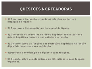  1) Descreva a inervação (citando as relações de dor) e a
irrigação do Fígado;
 2) Descreva a histoarquitetura funcional do fígado.
 3) Diferencie os conceitos de lóbulo hepático, lóbulo portal e
ácinos hepáticos quanto a sua estrutura e função.
 4) Disserte sobre as funções das secreções hepáticas na função
digestória bem como sua regulação.
 5)Descreva a morfologia do fígado e suas relações.
 6) Disserte sobre o metabolismo de bilirrubinas e suas funções
orgânicas.
QUESTÕES NORTEADORAS
 