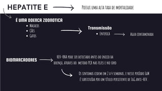 HEPATITE E Possui uma alta taxa de mortalidade
Transmissão
Enterica
É UMA DOENCA ZOONOTICA
BIOMARCADORES
Agua contaminada
Macacos
Cães
Gatos
HEV-RNA pode ser detectado antes do inicio da
doença, atraves do metodo PCR nas fezes e no soro
Os sintomas cedem em 2 a 4 semanas, e nesse período IgM
é substituída por um título persistente de IgG anti-HEV.
 