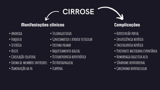 CIRROSE
Manifestações clinicas
• Anorexia
• Fraqueza
• Icterícia
• Ascite
• Circulação colateral
• Edema de membros inferiores
• Diminuição da pa
• Teleangiectasias
• Ginecomastia e atrofia testicular
• Eritema palmar
• Baqueteamento digital
• Osteoartropatia hipertrófica
• Distrofiaungueal
• Flapping
Complicações
• Hipertensão portal
• Insuficiência hepática
• Encefalopatia hepática
• Peritonite bacteriana espontânea
• Hemorragia digestiva alta
• Síndrome hepatorrenal
• Carcinoma hepatocelular
 