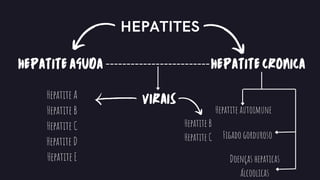 HEPATITES
HEPATITE CRONICA
HEPATITE AGUDA
VIRAIS
Hepatite A
Hepatite B
Hepatite C
Hepatite D
Hepatite E
Hepatite B
Hepatite C
Hepatite autoimune
Figado gorduroso
Doenças hepaticas
álcoolicas
 