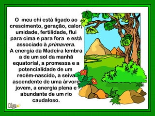 O meu chi está ligado ao
crescimento, geração, calor,
  umidade, fertilidade, flui
para cima e para fora e está
   associado à primavera.
A energia da Madeira lembra
    a de um sol da manhã
 equatorial, a promessa e a
    potencialidade de um
   recém-nascido, a seiva
 ascendente de uma árvore
  jovem, a energia plena e
     abundante de um rio
         caudaloso.
 