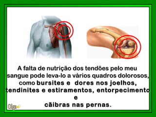 A falta de nutrição dos tendões pelo meu
sangue pode leva-lo a vários quadros dolorosos,
    como bursites e dores nos joelhos,
tendinites e estiramentos, entorpecimento
              estiramentos
                       e
             cãibras nas pernas .
 