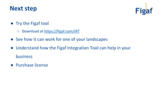 ● Try the Figaf tool
○ Download at https://figaf.com/IRT
● See how it can work for one of your landscapes
● Understand how the Figaf Integration Tool can help in your
business
● Purchase license
Next step
 