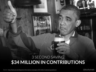@duckymatt
3 SECOND SAVING
$34 MILLION IN CONTRIBUTIONS
Source: http://kylerush.net/blog/meet-the-obama-campaigns-250-million-fundraising-platform/
 
