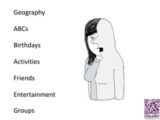 GeographyABCsBirthdaysActivitiesFriendsEntertainmentGroups