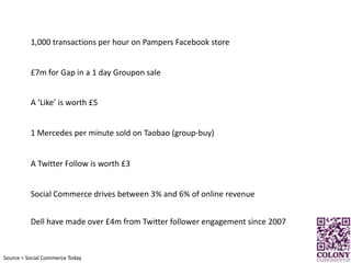 1,000 transactions per hour on Pampers Facebook store£7m for Gap in a 1 day Groupon saleA ‘Like’ is worth £51 Mercedes per minute sold on Taobao (group-buy)A Twitter Follow is worth £3Social Commerce drives between 3% and 6% of online revenueDell have made over £4m from Twitter follower engagement since 2007Source = Social Commerce Today