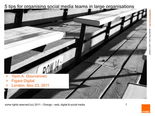 5 tips for organising social media teams in large organisations




                                                                            picture cc 2011 Yann Gourvennec – http://bit.ly/picasayann
> Yann A. Gourvennec
> Figaro Digital
> London, Nov 23, 2011



some rights reserved (cc) 2011 – Orange – web, digital & social media   1
 