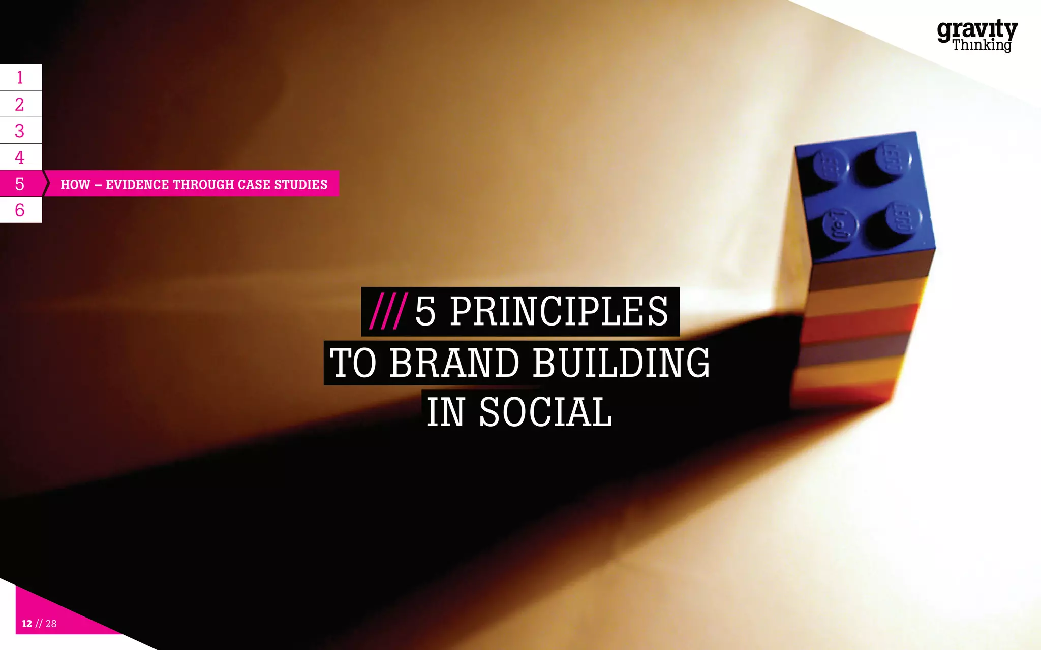 12 // 28
5
6
HOW – EVIDENCE THROUGH CASE STUDIES
1
2
3
4
///5 PRINCIPLES
TO BRAND BUILDING
IN SOCIAL
 