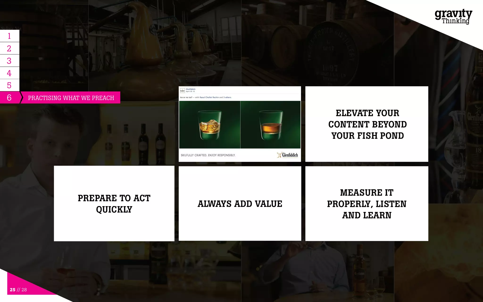 25 // 28
6
PREPARE TO ACT
QUICKLY
ALWAYS ADD VALUE
MEASURE IT
PROPERLY, LISTEN
AND LEARN
5
1
2
3
4
APPROACH EACH
POST WITH THE CARE
AND ATTENTION OF A
CAMPAIGN AD
ELEVATE YOUR
CONTENT BEYOND
YOUR FISH POND
PRACTISING WHAT WE PREACH
 