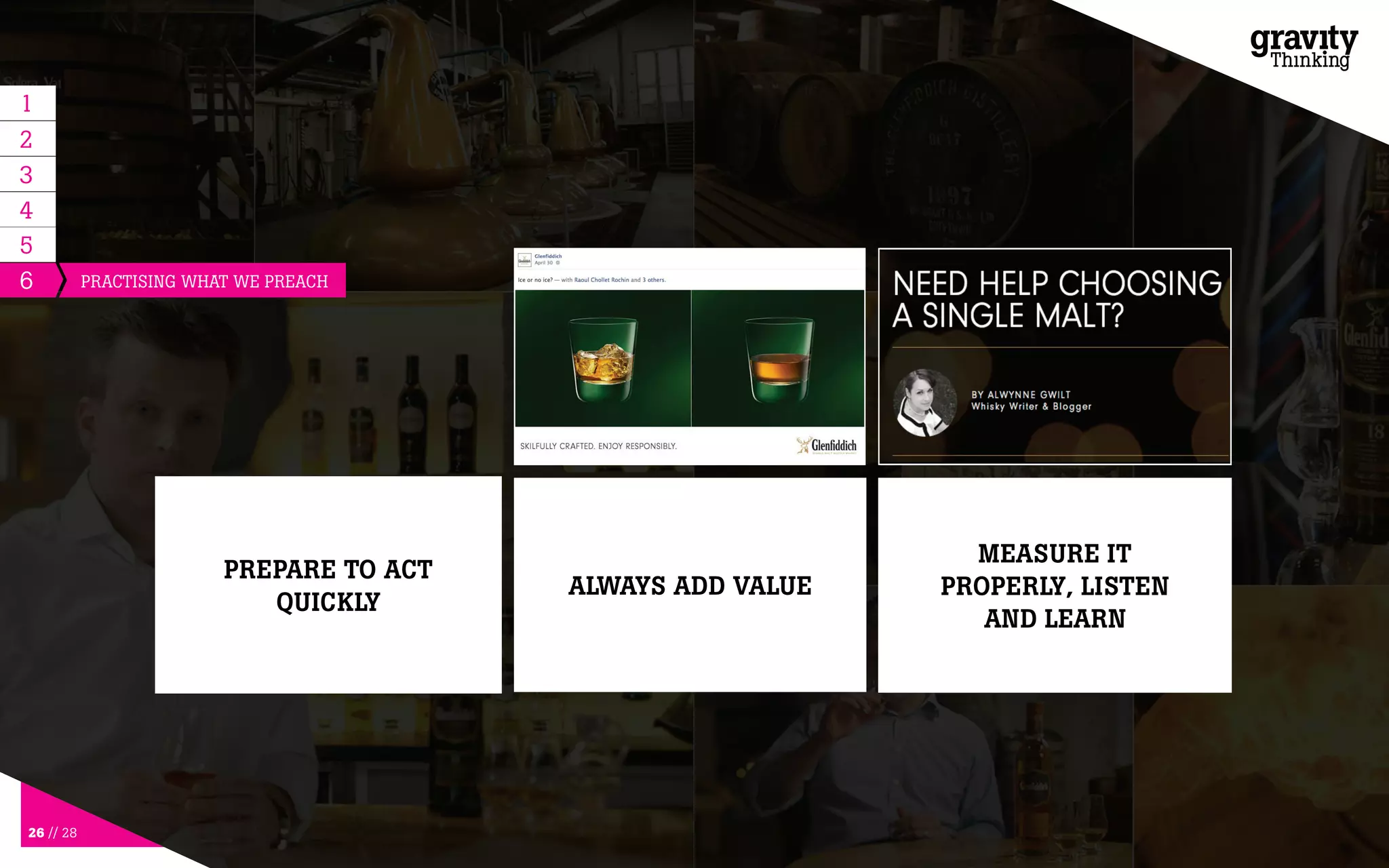 26 // 28
6
PREPARE TO ACT
QUICKLY
ALWAYS ADD VALUE
MEASURE IT
PROPERLY, LISTEN
AND LEARN
5
1
2
3
4
APPROACH EACH
POST WITH THE CARE
AND ATTENTION OF A
CAMPAIGN AD
ELEVATE YOUR
CONTENT BEYOND
YOUR FISH POND
PRACTISING WHAT WE PREACH
 