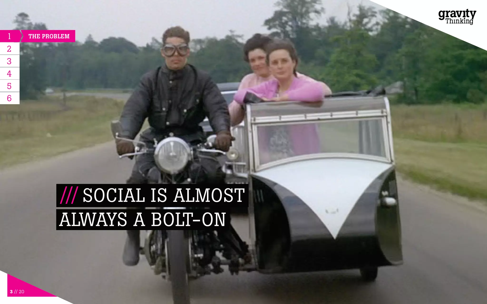 3 // 20
1
2
3
4
5
THE PROBLEM
/// SOCIAL IS ALMOST
ALWAYS A BOLT-ON
6
 