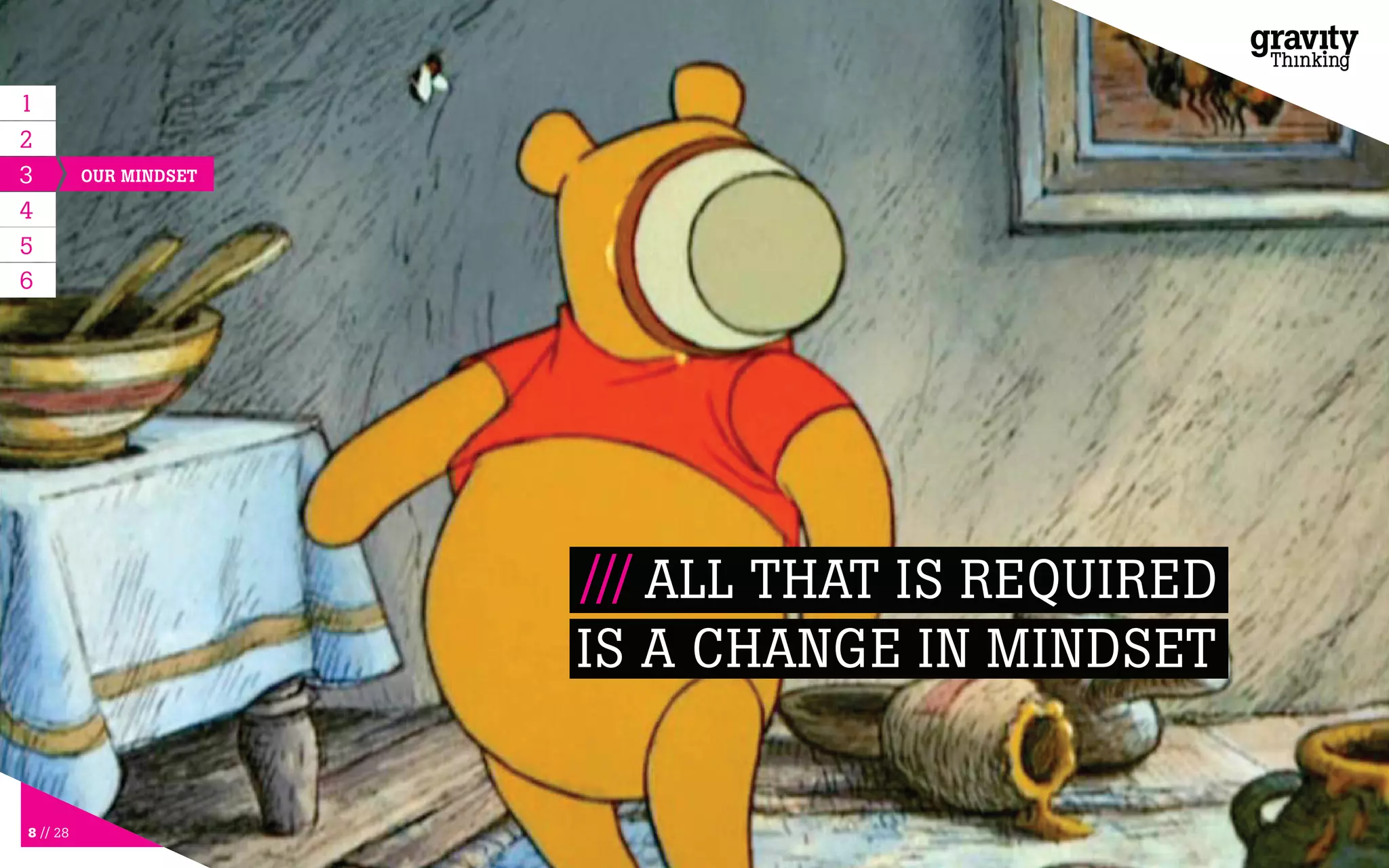 8 // 28
/// ALL THAT IS REQUIRED
IS A CHANGE IN MINDSET
1
3
4
5
6
OUR MINDSET
2
 